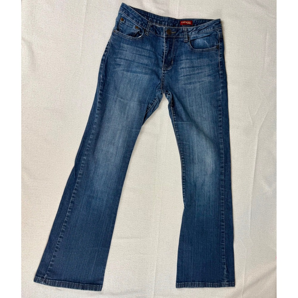 Express WQ1 Bootcut Jeans Womens 10 Medium Wash Blue Embroidered Pocket Mid Rise